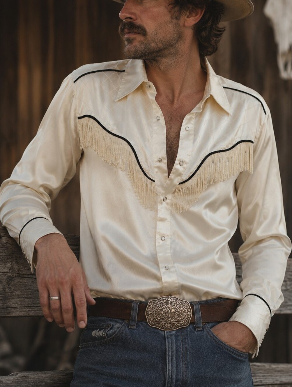 Vintage 70s Panhandle Slim Satin Fringe Western Shirt Size L Snap Button Front
